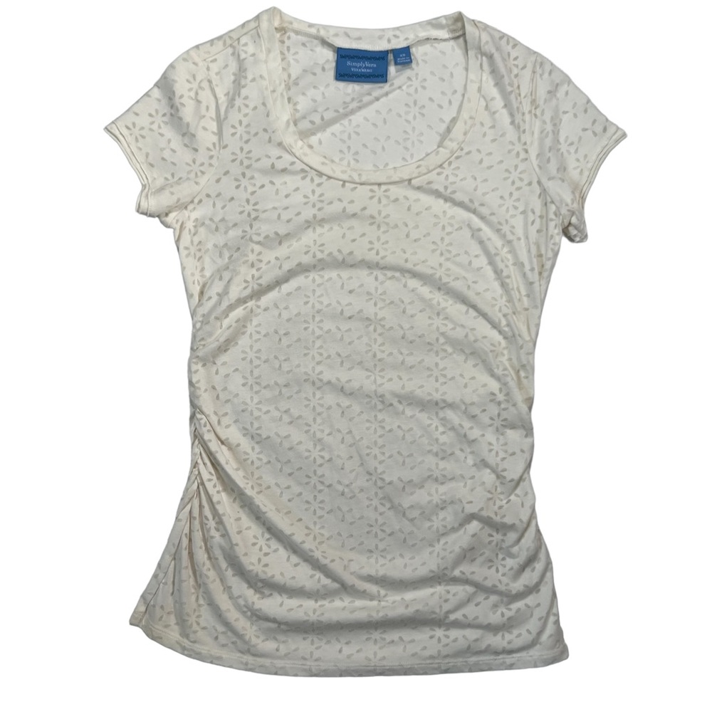 🖤 Simply Vera Vera Wang Cream White Floral Sheer Rutched Short sleeve T-Shirt